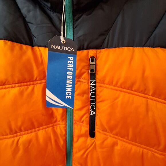 Nautica Poly Hooded Regular Fit Puffer Jacket Mens Sz Large Hunt Orange NWT $175 - Picture 3 of 13
